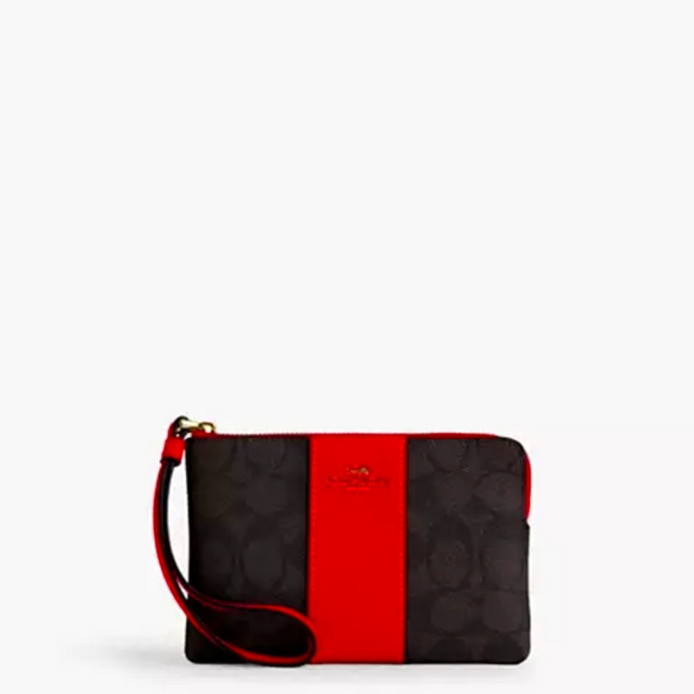 Coach Corner Zip Wristlet In Signature Canvas With Bold Red Stripe